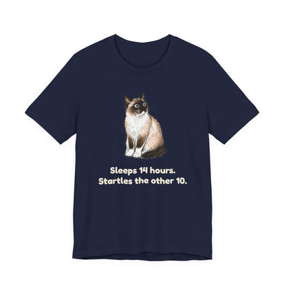 Sleeps 14 Hours. Startles the Other 10. — Funny Senior Cat T-Shirt