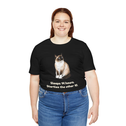 Sleeps 14 Hours. Startles the Other 10. — Funny Senior Cat T-Shirt