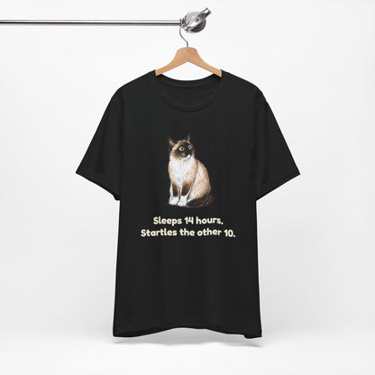 Sleeps 14 Hours. Startles the Other 10. — Funny Senior Cat T-Shirt