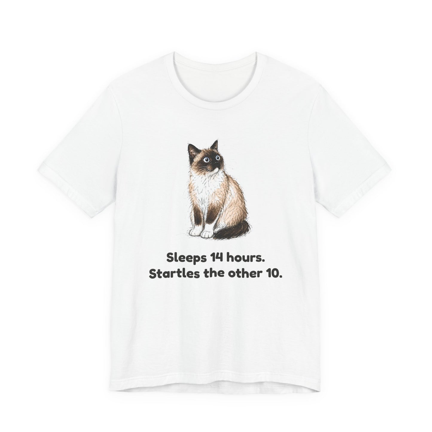 Sleeps 14 Hours. Startles the Other 10. — Funny Senior Cat T-Shirt