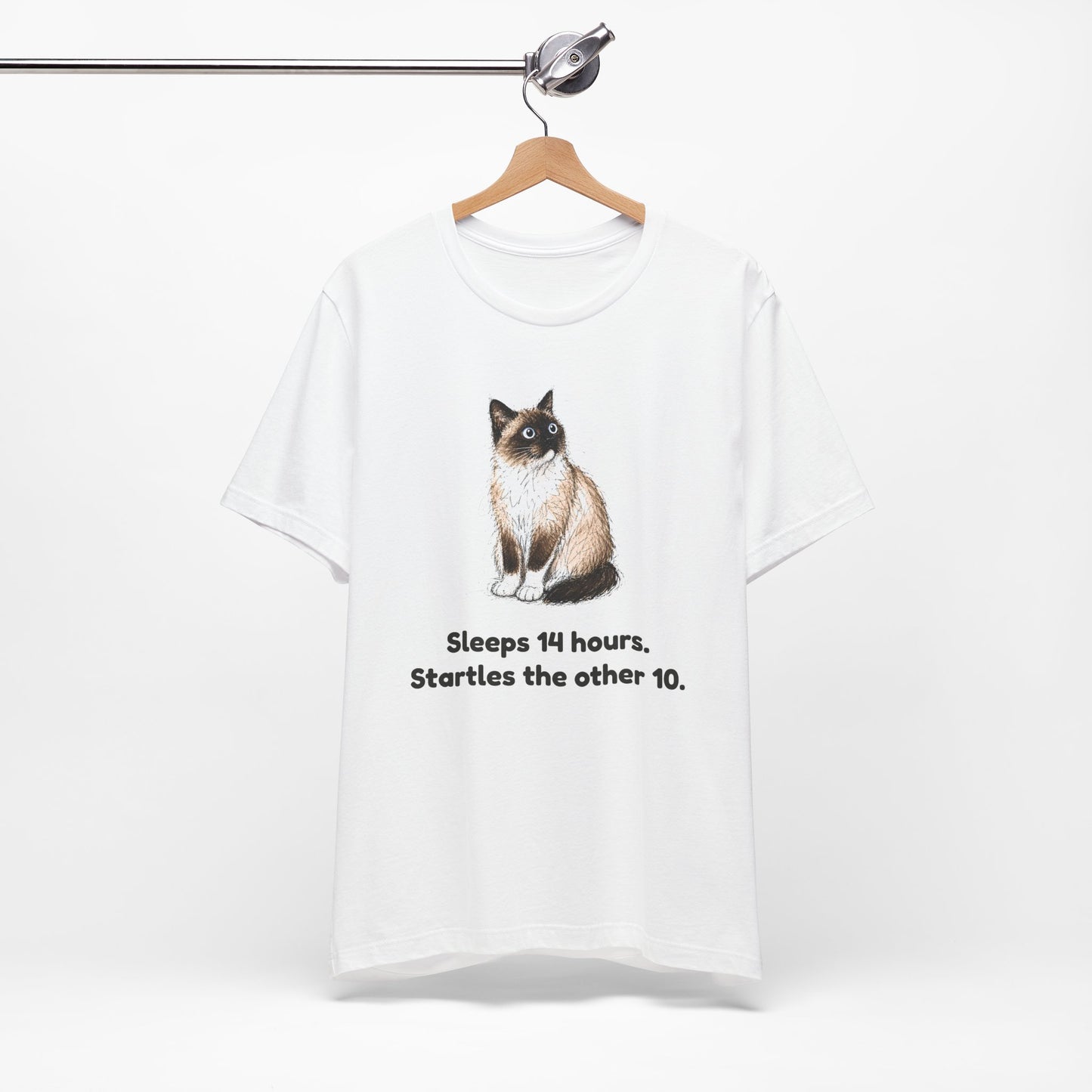 Sleeps 14 Hours. Startles the Other 10. — Funny Senior Cat T-Shirt