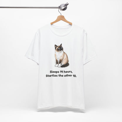 Sleeps 14 Hours. Startles the Other 10. — Funny Senior Cat T-Shirt