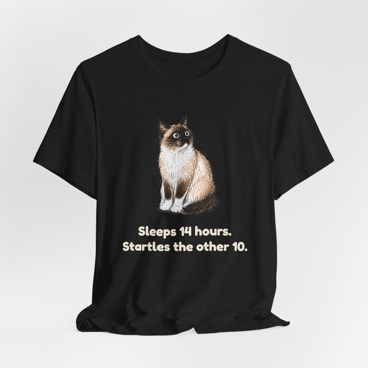 Sleeps 14 Hours. Startles the Other 10. — Funny Senior Cat T-Shirt