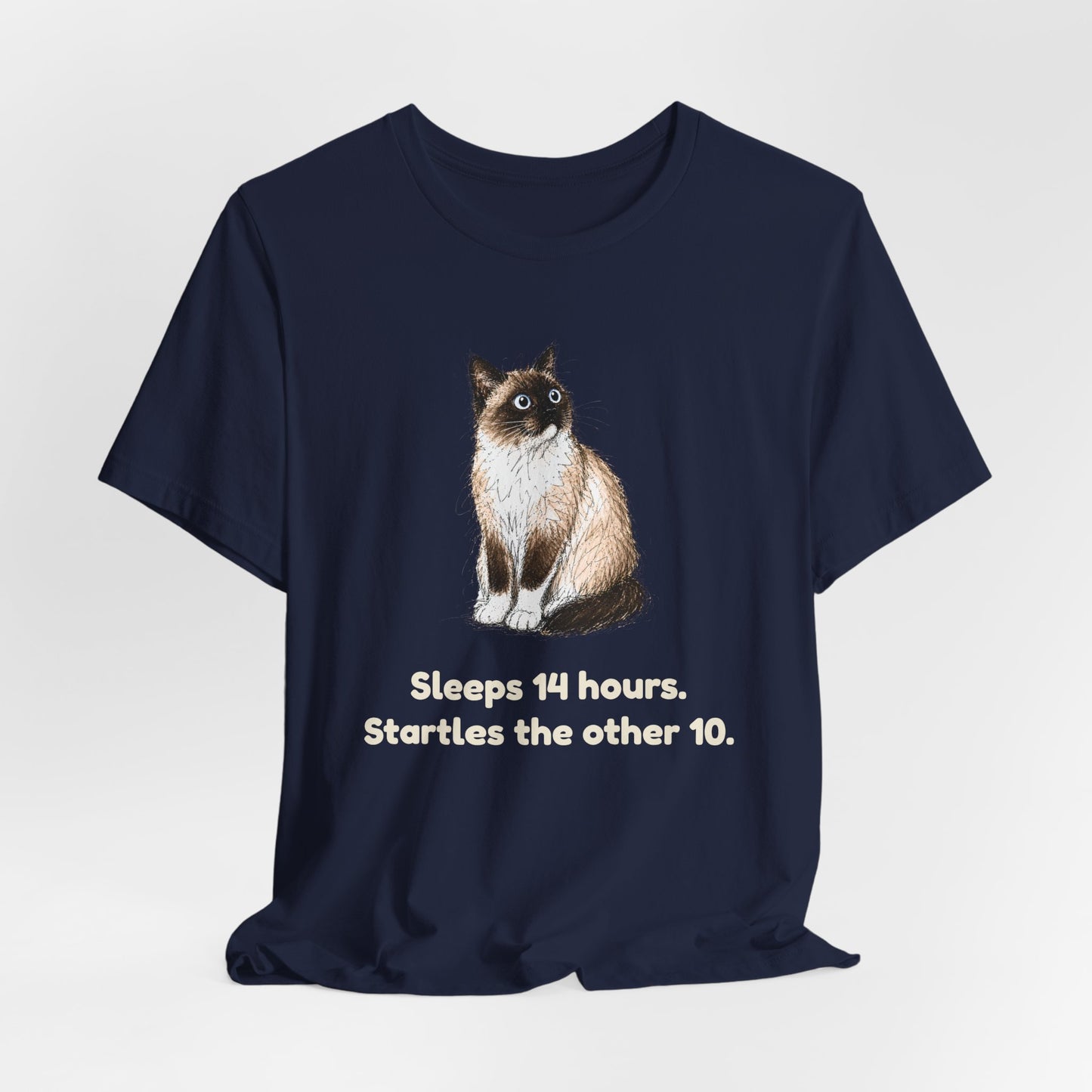 Sleeps 14 Hours. Startles the Other 10. — Funny Senior Cat T-Shirt
