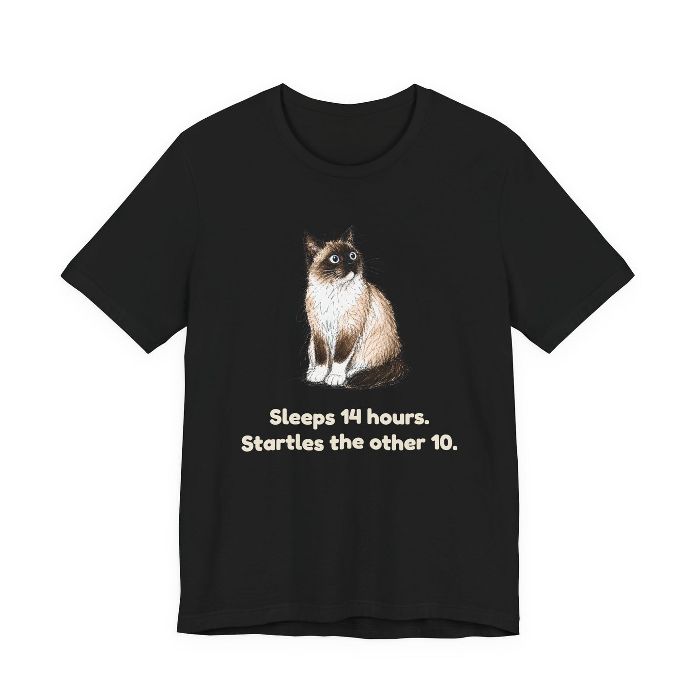 Sleeps 14 Hours. Startles the Other 10. — Funny Senior Cat T-Shirt