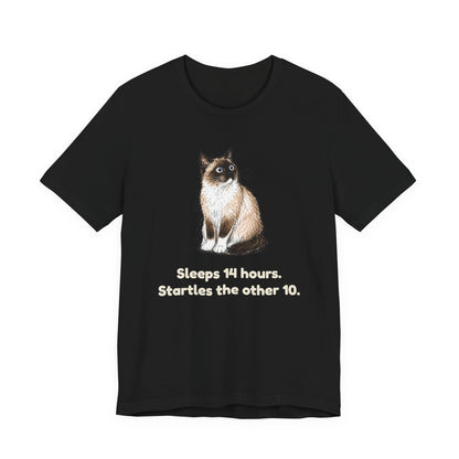 Sleeps 14 Hours. Startles the Other 10. — Funny Senior Cat T-Shirt
