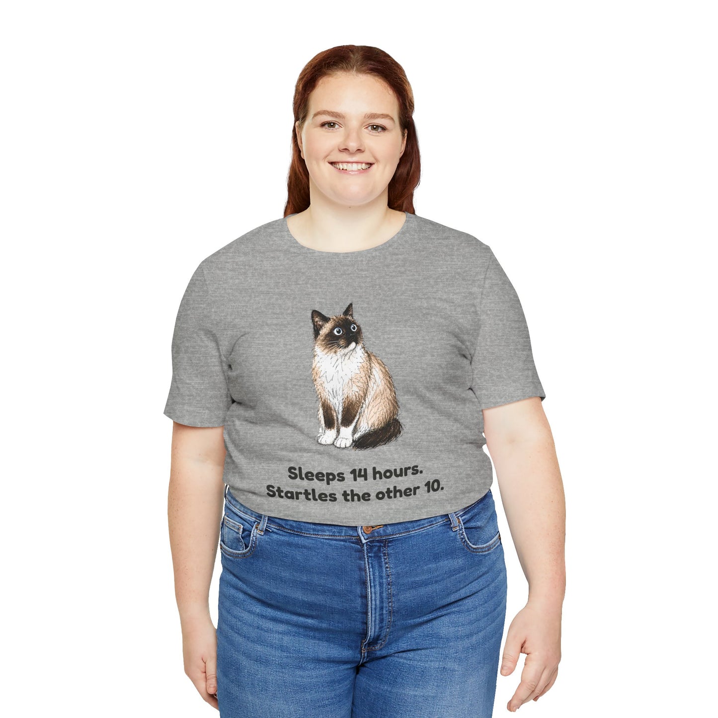 Sleeps 14 Hours. Startles the Other 10. — Funny Senior Cat T-Shirt
