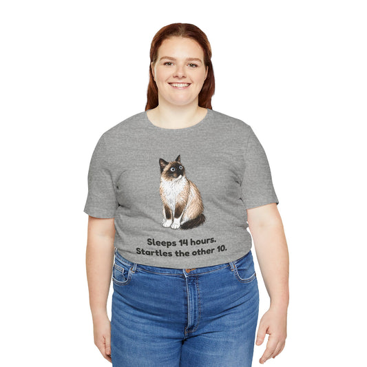 Sleeps 14 Hours. Startles the Other 10. — Funny Senior Cat T-Shirt