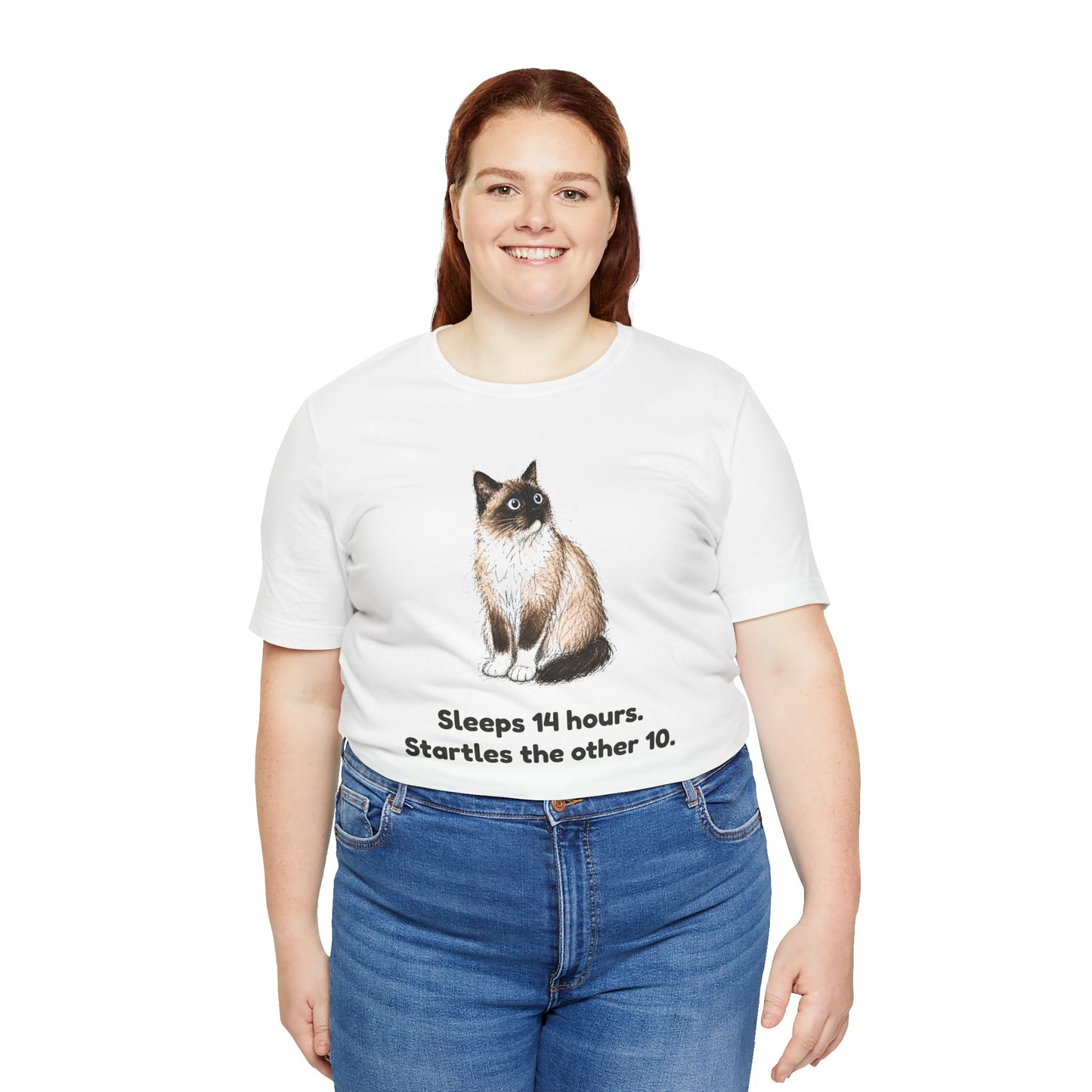Sleeps 14 Hours. Startles the Other 10. — Funny Senior Cat T-Shirt