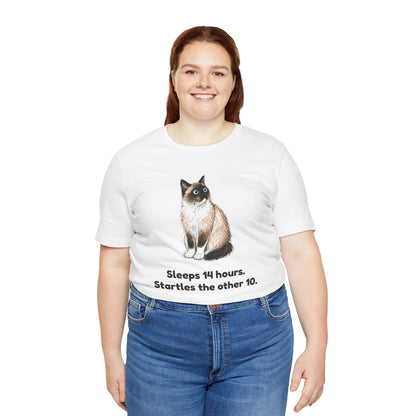 Sleeps 14 Hours. Startles the Other 10. — Funny Senior Cat T-Shirt