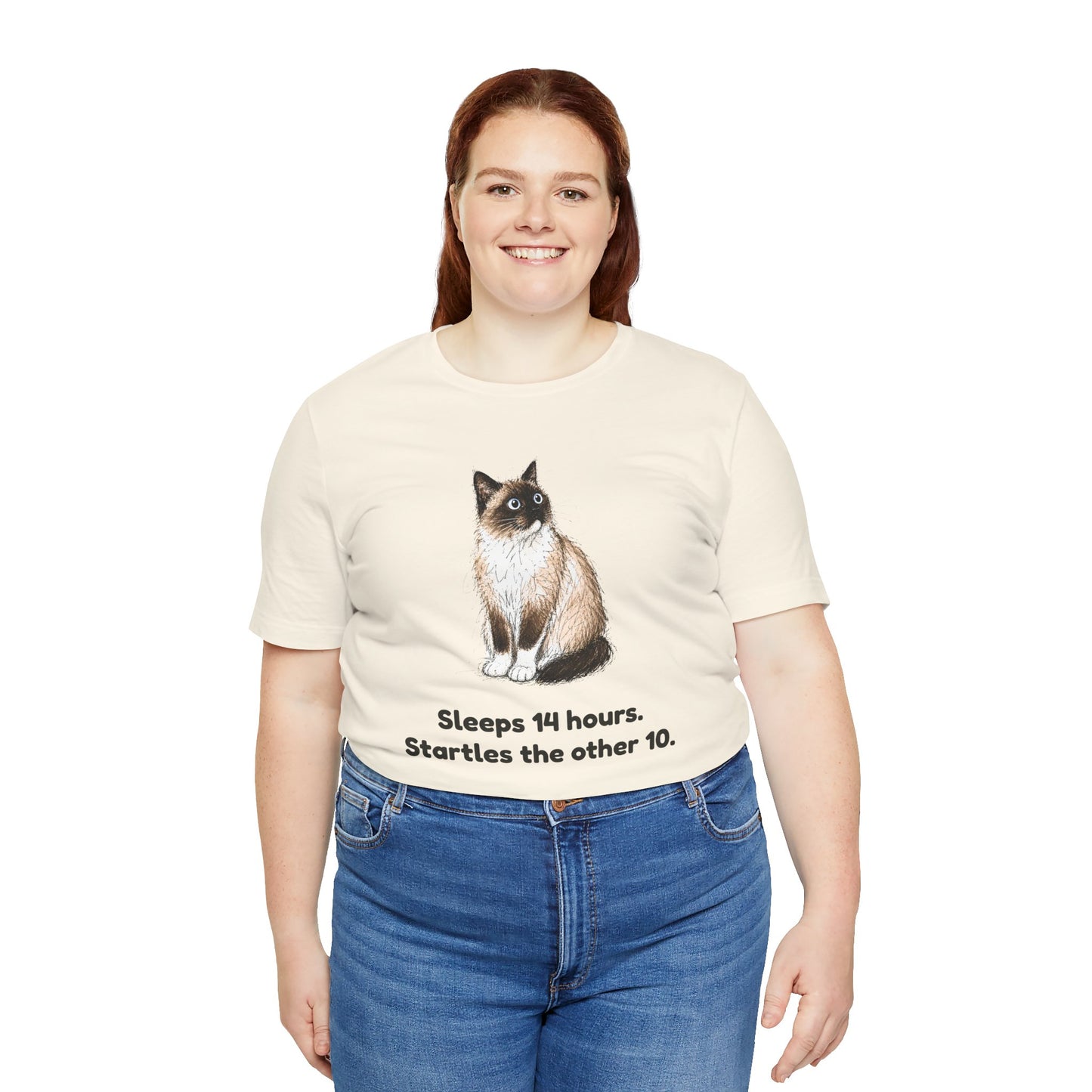 Sleeps 14 Hours. Startles the Other 10. — Funny Senior Cat T-Shirt