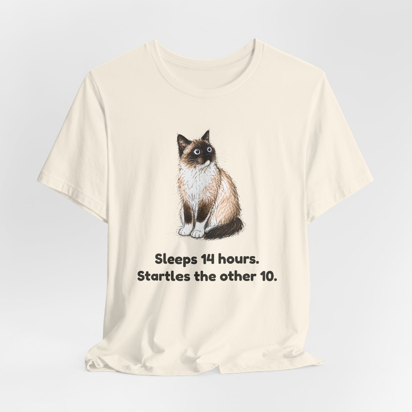 Sleeps 14 Hours. Startles the Other 10. — Funny Senior Cat T-Shirt