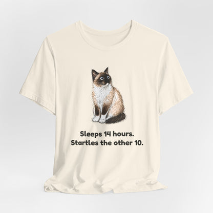 Sleeps 14 Hours. Startles the Other 10. — Funny Senior Cat T-Shirt