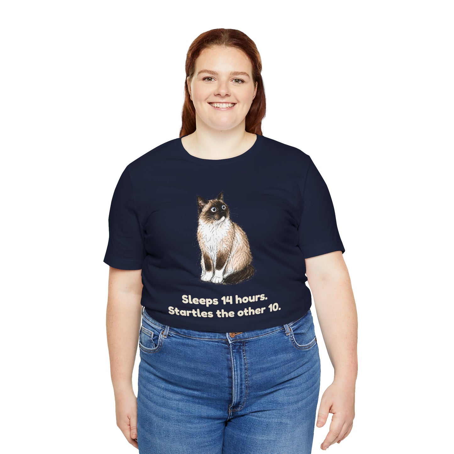 Sleeps 14 Hours. Startles the Other 10. — Funny Senior Cat T-Shirt