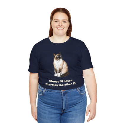 Sleeps 14 Hours. Startles the Other 10. — Funny Senior Cat T-Shirt